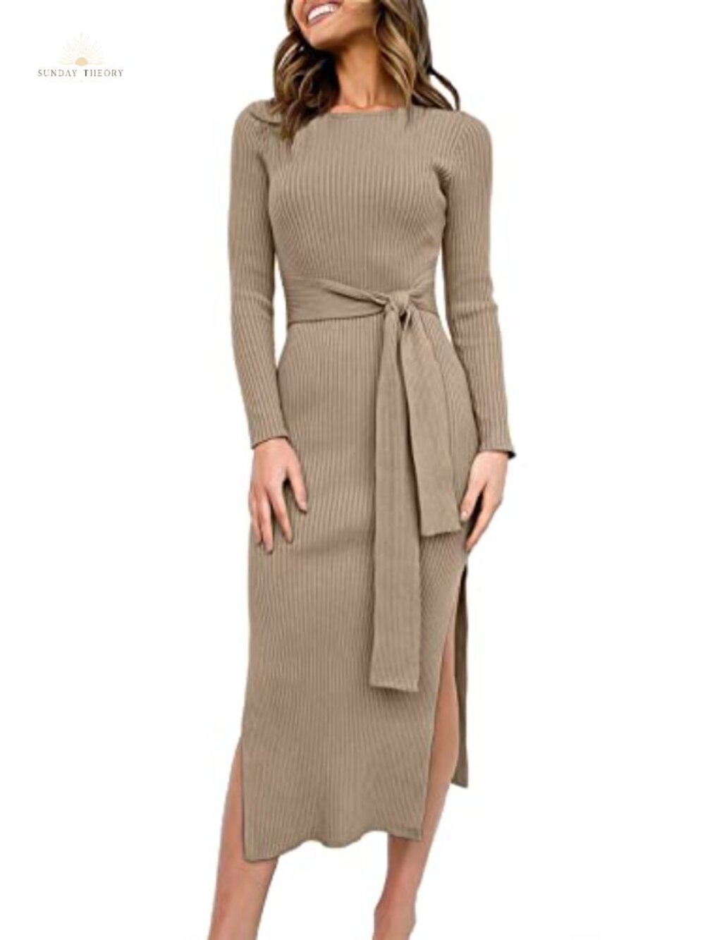 Viscose Blend Long Sleeve Bodycon Midi Sweater Dress with Slit
